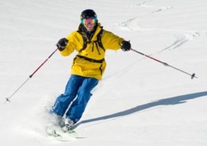 Jonny Moseley skiing the fresh powder at Squaw Valley