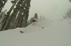 A skier on a powder day at Sierra-at-Tahoe.