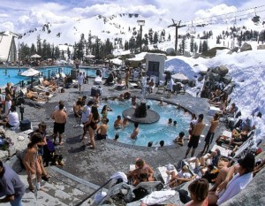  Located at 8,200 feet and surrounded by the beauty of the Sierra including Lake Tahoe, the High Camp Hot Tub is one of the most breathtaking places in the world to relax. Kick off your boots after a day of skiing or riding and unwind on the top of the mountain! For more information about the High Camp Hot Tub.