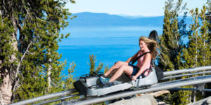 The gravity-based alpine coaster allows guests on individual sleds to descend on a raised track through the forest and natural rock formations, with incredible scenic views of Lake Tahoe. 
