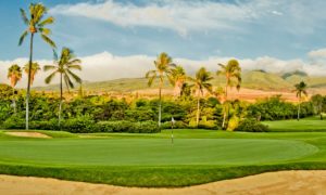The 16th green on the Ka'anapali Kai course is a challening hole that features a majestic mountain backdrop.
