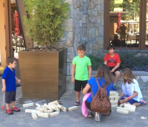 Outdoor summer games at the Ritz-Carlton Lake Tahoe include a horseshoe pit, bean bag toss, nets for both volleyball and badminton, a small disc golf area, plus large board games and blocks for younger kids.